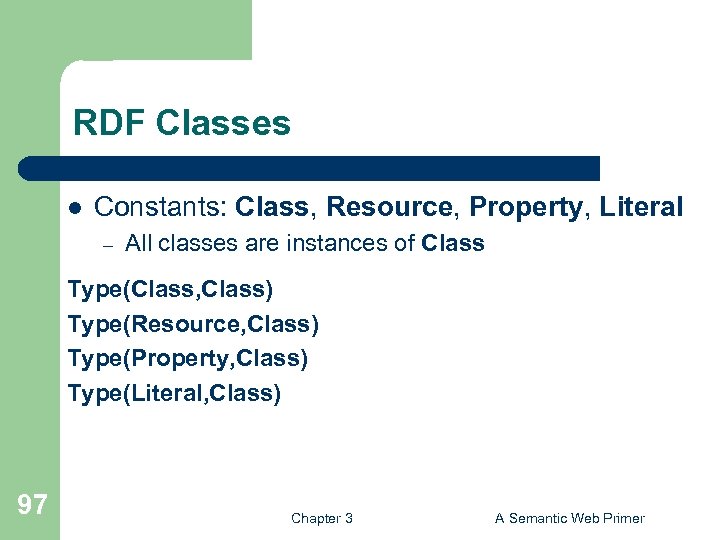 RDF Classes l Constants: Class, Resource, Property, Literal – All classes are instances of