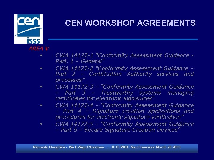 CEN WORKSHOP AGREEMENTS AREA V w w w CWA 14172 -1 “Conformity Assessment Guidance