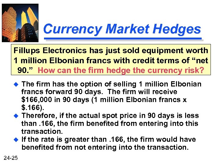 Currency Market Hedges Fillups Electronics has just sold equipment worth 1 million Elbonian francs