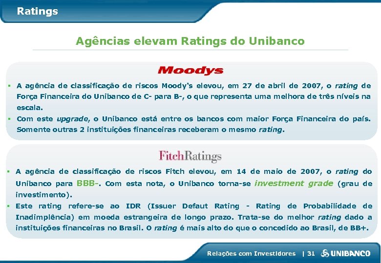 Ratings Agências elevam Ratings do Unibanco § A agência de classificação de riscos Moody's