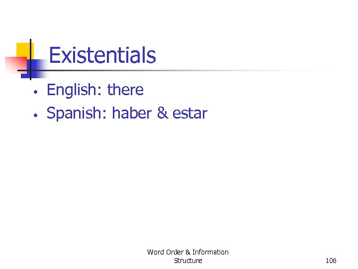 Existentials • • English: there Spanish: haber & estar Word Order & Information Structure