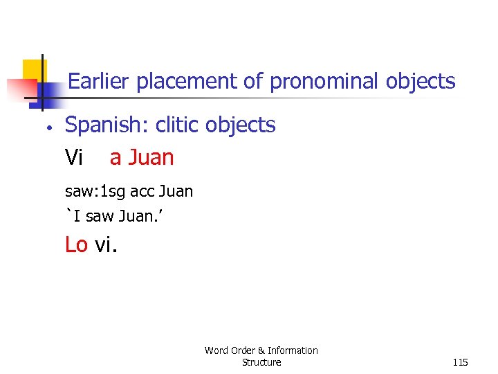 Earlier placement of pronominal objects • Spanish: clitic objects Vi a Juan saw: 1