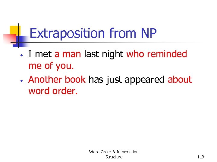 Extraposition from NP • • I met a man last night who reminded me