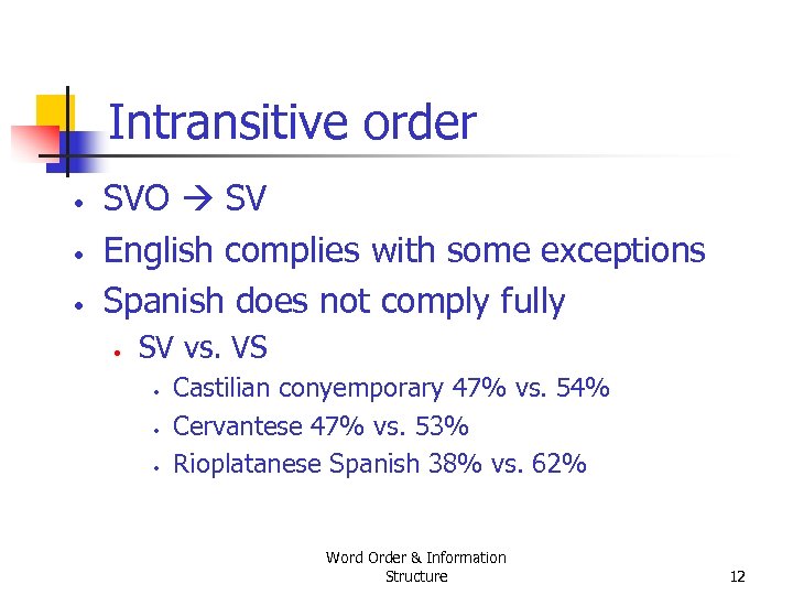 Intransitive order • • • SVO SV English complies with some exceptions Spanish does