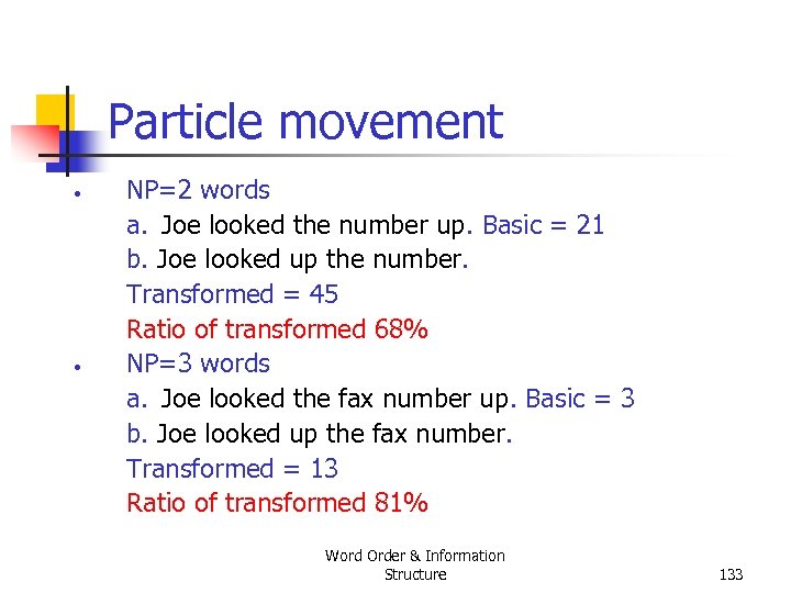 Particle movement • • NP=2 words a. Joe looked the number up. Basic =
