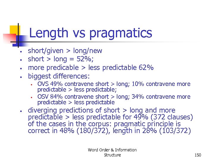 Length vs pragmatics • • short/given > long/new short > long = 52%; more