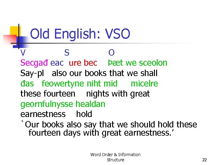 Old English: VSO V S O Secgađ eac ure bec Þæt we sceolon Say
