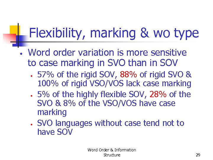 Flexibility, marking & wo type • Word order variation is more sensitive to case