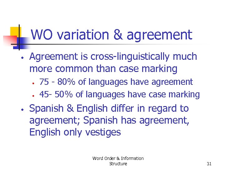 WO variation & agreement • Agreement is cross linguistically much more common than case