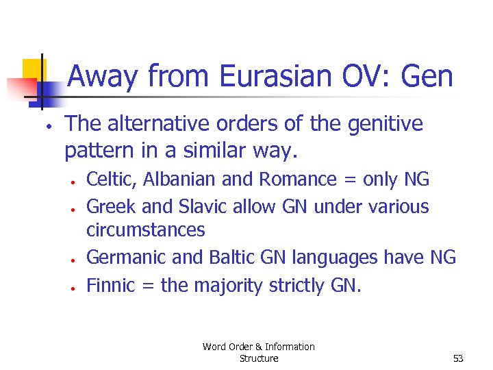 Away from Eurasian OV: Gen • The alternative orders of the genitive pattern in