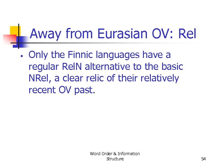 Away from Eurasian OV: Rel • Only the Finnic languages have a regular Rel.
