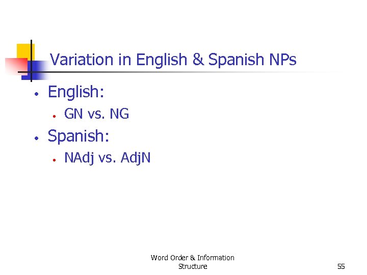 Variation in English & Spanish NPs • English: • • GN vs. NG Spanish: