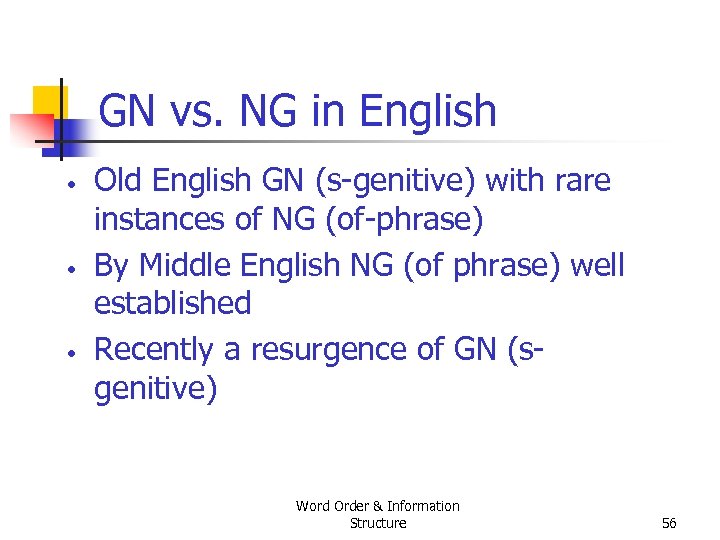 GN vs. NG in English • • • Old English GN (s genitive) with