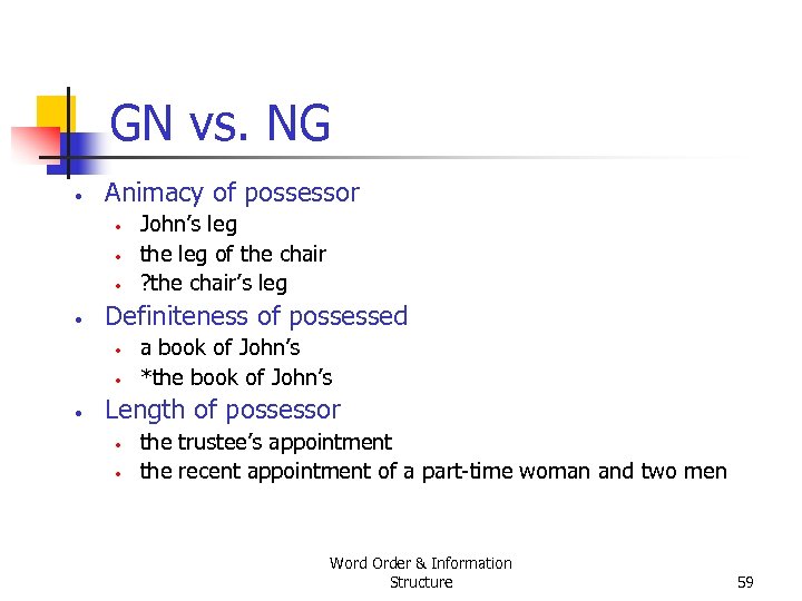 GN vs. NG • Animacy of possessor • • Definiteness of possessed • •