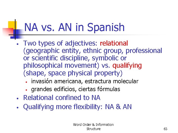 NA vs. AN in Spanish • Two types of adjectives: relational (geographic entity, ethnic