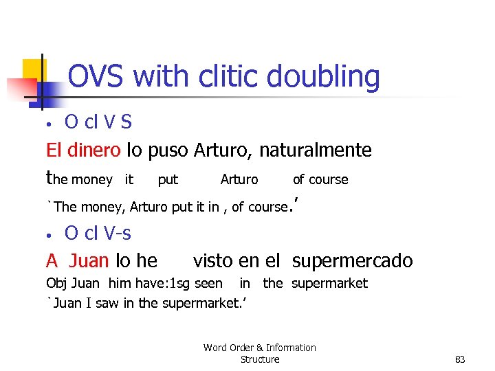 OVS with clitic doubling O cl V S El dinero lo puso Arturo, naturalmente