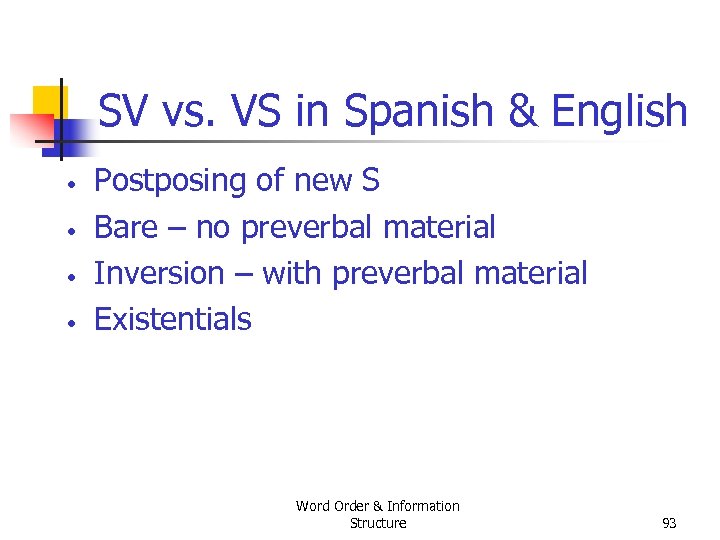 SV vs. VS in Spanish & English • • Postposing of new S Bare