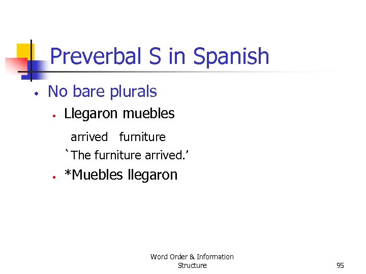 Preverbal S in Spanish • No bare plurals • Llegaron muebles arrived furniture `The