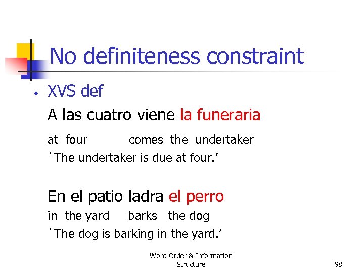 No definiteness constraint • XVS def A las cuatro viene la funeraria at four