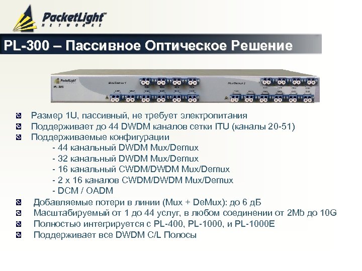 PL-300 – Пассивное Оптическое Решение Размер 1 U, пассивный, не требует электропитания Поддерживает до