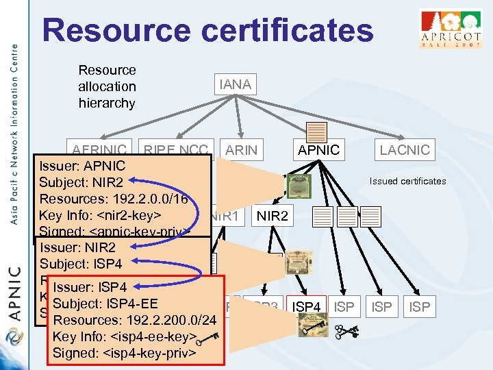 Resource certificates Resource allocation hierarchy IANA AFRINIC RIPE NCC ARIN APNIC Issuer: APNIC Subject:
