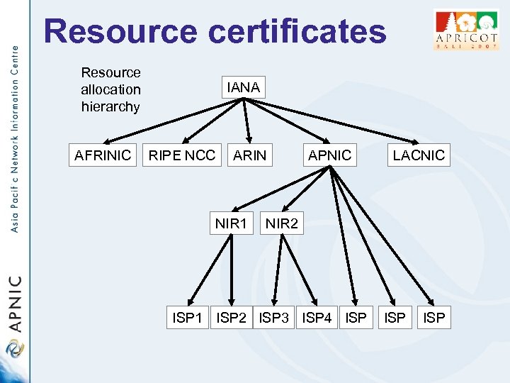 Resource certificates Resource allocation hierarchy AFRINIC IANA RIPE NCC ARIN NIR 1 APNIC LACNIC