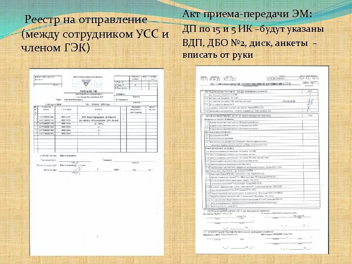 Реестр на отправление (между сотрудником УСС и членом ГЭК) Акт приема-передачи ЭМ: ДП по