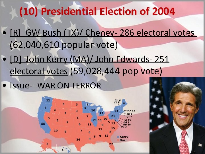 (10) Presidential Election of 2004 • [R] GW Bush (TX)/ Cheney- 286 electoral votes