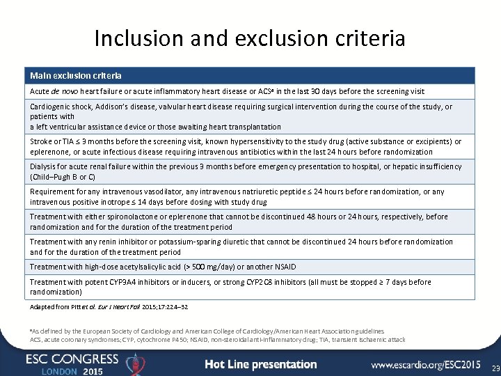 Inclusion and exclusion criteria Main exclusion criteria Acute de novo heart failure or acute