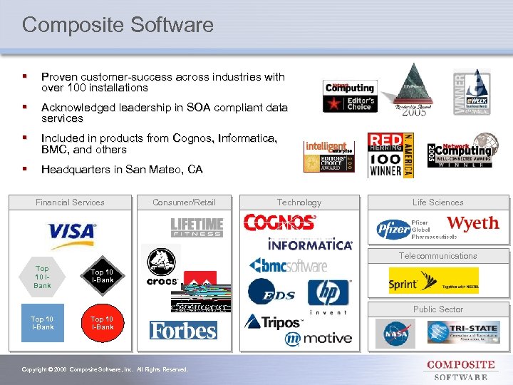 Composite Software § Proven customer-success across industries with over 100 installations § Acknowledged leadership