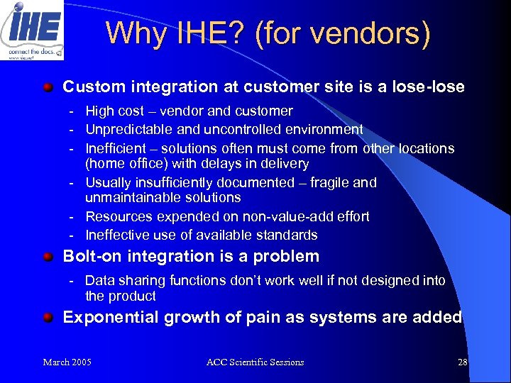 Why IHE? (for vendors) Custom integration at customer site is a lose-lose - High