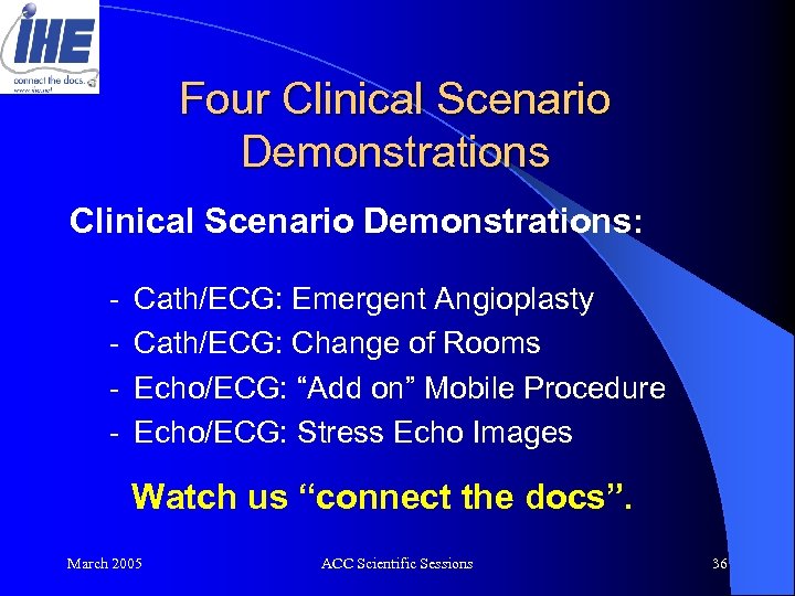 Four Clinical Scenario Demonstrations: - Cath/ECG: Emergent Angioplasty - Cath/ECG: Change of Rooms -