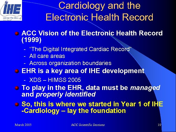 Cardiology and the Electronic Health Record ACC Vision of the Electronic Health Record (1999)