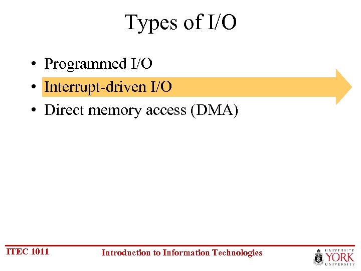 Types of I/O • Programmed I/O • Interrupt-driven I/O • Direct memory access (DMA)