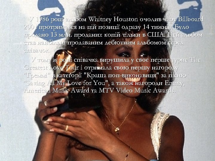 У 1986 році альбом Whitney Houston очолив чарт Billboard 200 і протримався на цій