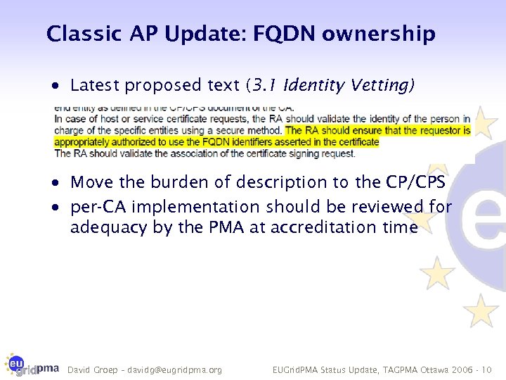 Classic AP Update: FQDN ownership · Latest proposed text (3. 1 Identity Vetting) ·
