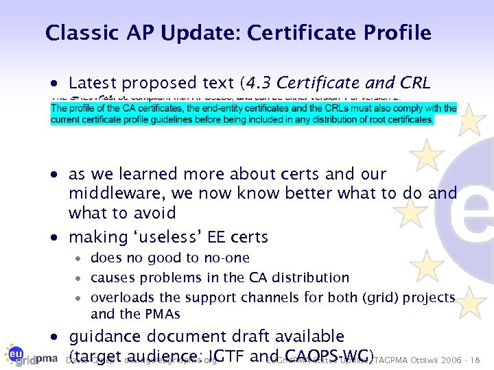 Classic AP Update: Certificate Profile · Latest proposed text (4. 3 Certificate and CRL