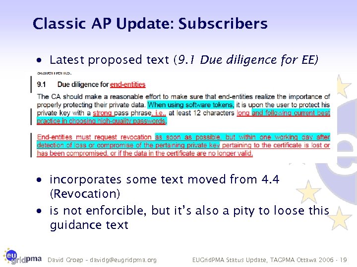 Classic AP Update: Subscribers · Latest proposed text (9. 1 Due diligence for EE)