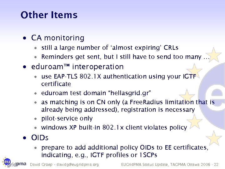 Other Items · CA monitoring · still a large number of ‘almost expiring’ CRLs