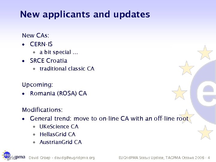 New applicants and updates New CAs: · CERN-IS · a bit special … ·