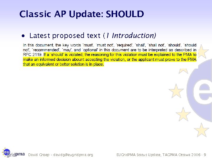 Classic AP Update: SHOULD · Latest proposed text (1 Introduction) David Groep – davidg@eugridpma.