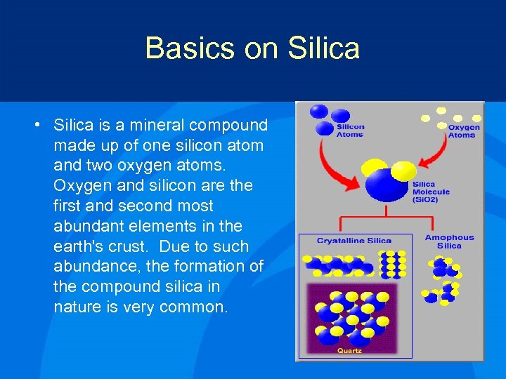 Basics on Silica • Silica is a mineral compound made up of one silicon