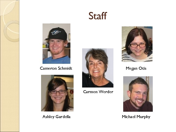 Staff Cameron Schmidt Megan Otis Carmen Werder Ashley Gardella Michael Murphy 