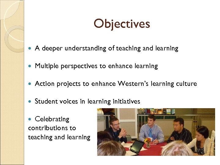 Objectives A deeper understanding of teaching and learning Multiple perspectives to enhance learning Action