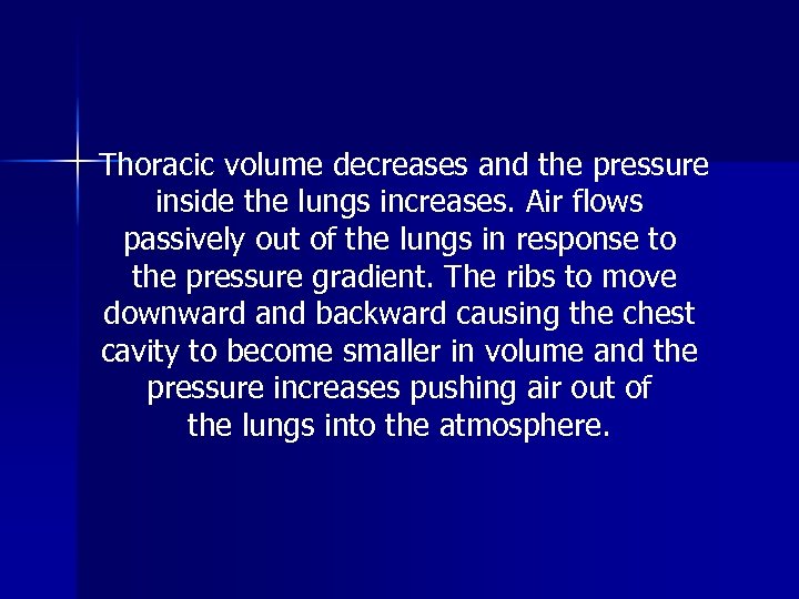 Thoracic volume decreases and the pressure inside the lungs increases. Air flows passively out