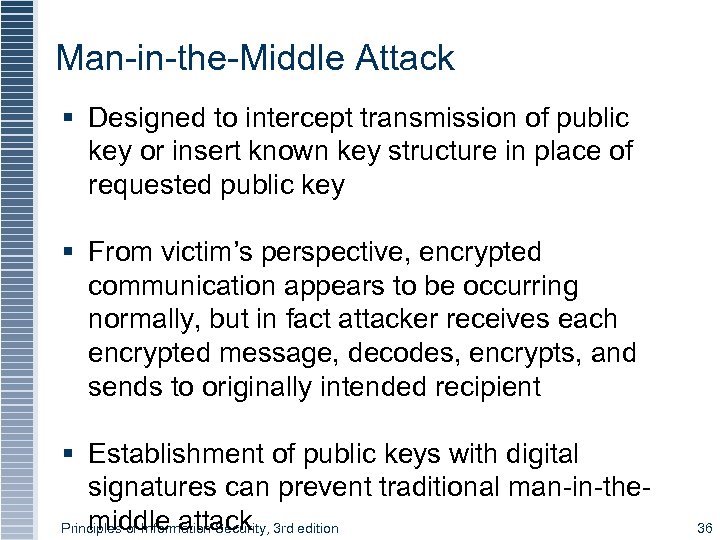 Man-in-the-Middle Attack § Designed to intercept transmission of public key or insert known key