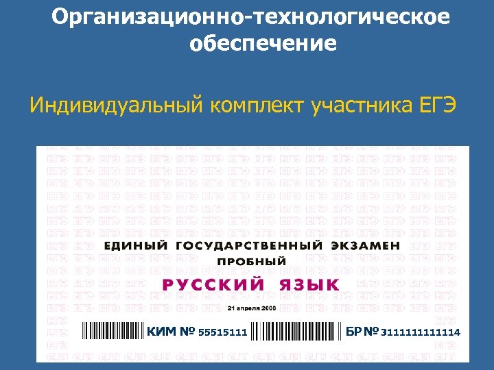 Организационно-технологическое обеспечение Индивидуальный комплект участника ЕГЭ КИМ № 55515111 БР № 31111114 