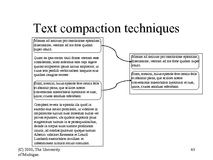 Text compaction techniques Missam ad amicum pro onsolatione epistolam, dilectissime, vestram ad me forte