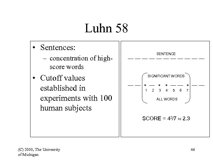 Luhn 58 • Sentences: SENTENCE – concentration of highscore words • Cutoff values established