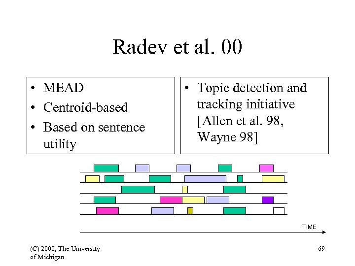 Radev et al. 00 • MEAD • Centroid-based • Based on sentence utility •